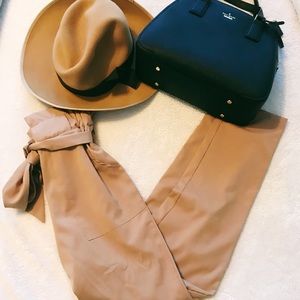 Tan trouser cropped pants with tie in front